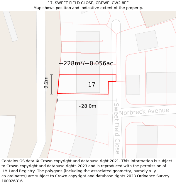 17, SWEET FIELD CLOSE, CREWE, CW2 8EF: Plot and title map