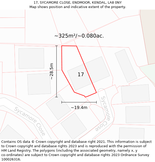 17, SYCAMORE CLOSE, ENDMOOR, KENDAL, LA8 0NY: Plot and title map