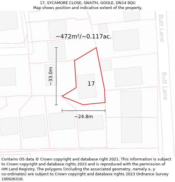 17, SYCAMORE CLOSE, SNAITH, GOOLE, DN14 9QU: Plot and title map