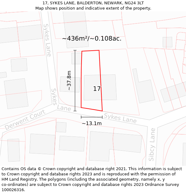 17, SYKES LANE, BALDERTON, NEWARK, NG24 3LT: Plot and title map