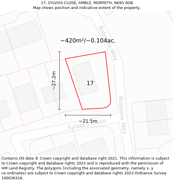 17, SYLVIAS CLOSE, AMBLE, MORPETH, NE65 0GB: Plot and title map