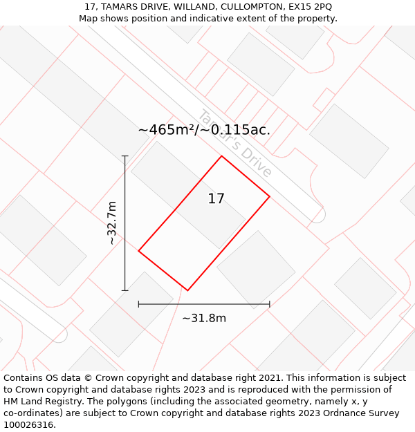 17, TAMARS DRIVE, WILLAND, CULLOMPTON, EX15 2PQ: Plot and title map