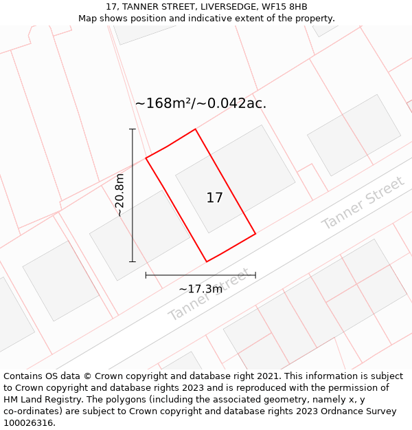 17, TANNER STREET, LIVERSEDGE, WF15 8HB: Plot and title map