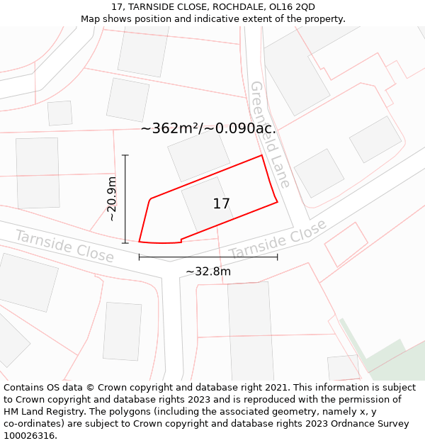 17, TARNSIDE CLOSE, ROCHDALE, OL16 2QD: Plot and title map