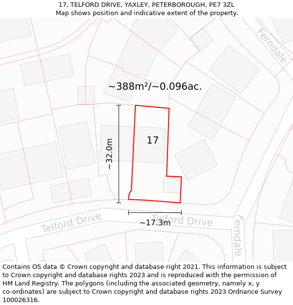 17, TELFORD DRIVE, YAXLEY, PETERBOROUGH, PE7 3ZL: Plot and title map