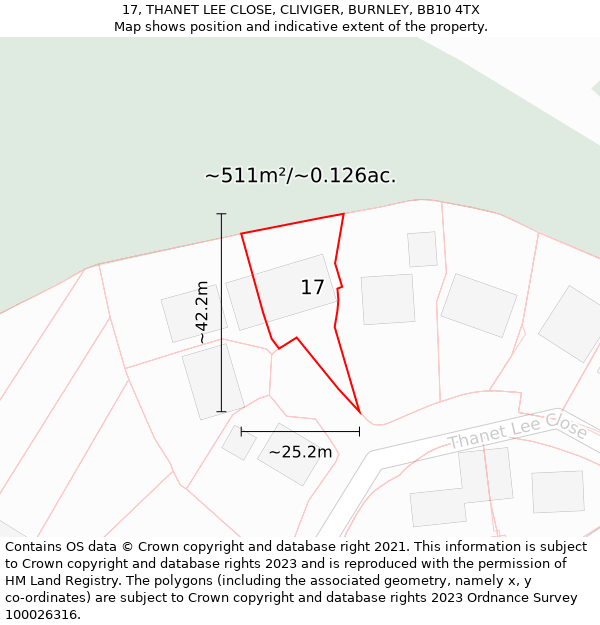 17, THANET LEE CLOSE, CLIVIGER, BURNLEY, BB10 4TX: Plot and title map