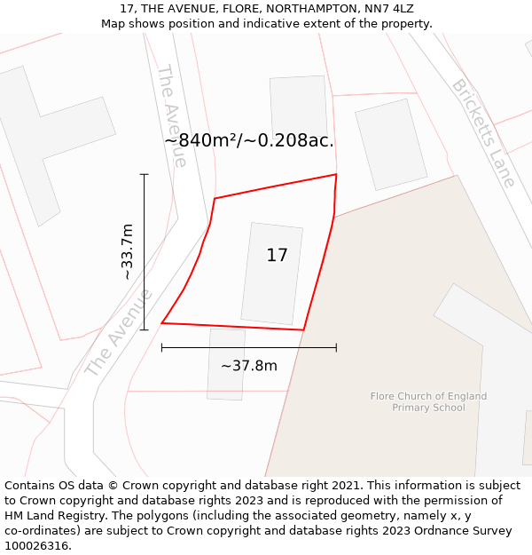 17, THE AVENUE, FLORE, NORTHAMPTON, NN7 4LZ: Plot and title map