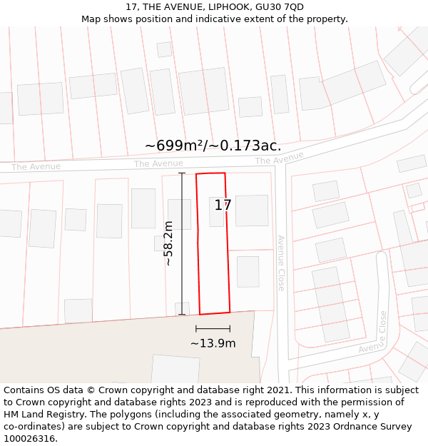 17, THE AVENUE, LIPHOOK, GU30 7QD: Plot and title map