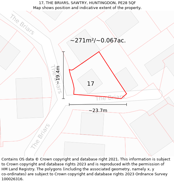 17, THE BRIARS, SAWTRY, HUNTINGDON, PE28 5QF: Plot and title map