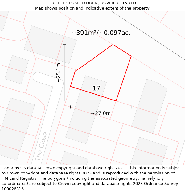 17, THE CLOSE, LYDDEN, DOVER, CT15 7LD: Plot and title map