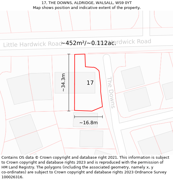 17, THE DOWNS, ALDRIDGE, WALSALL, WS9 0YT: Plot and title map