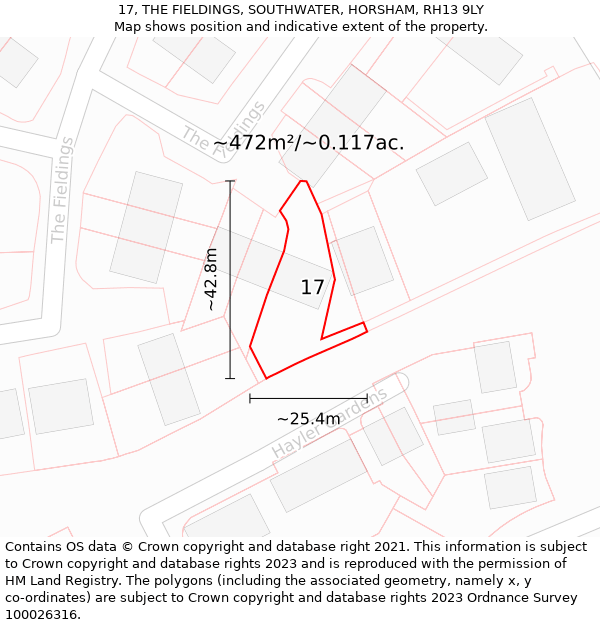 17, THE FIELDINGS, SOUTHWATER, HORSHAM, RH13 9LY: Plot and title map