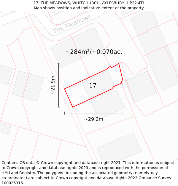 17, THE MEADOWS, WHITCHURCH, AYLESBURY, HP22 4TL: Plot and title map