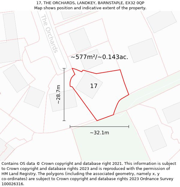 17, THE ORCHARDS, LANDKEY, BARNSTAPLE, EX32 0QP: Plot and title map