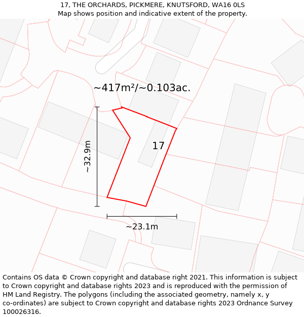 17, THE ORCHARDS, PICKMERE, KNUTSFORD, WA16 0LS: Plot and title map