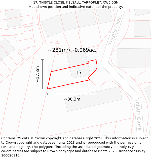 17, THISTLE CLOSE, KELSALL, TARPORLEY, CW6 0GN: Plot and title map