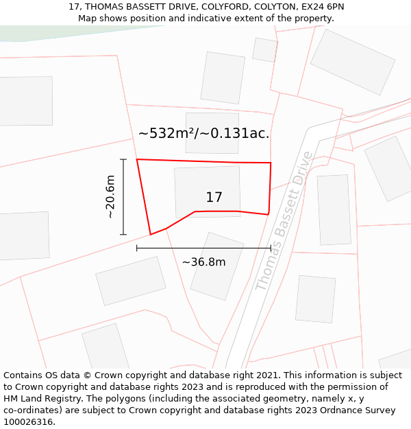 17, THOMAS BASSETT DRIVE, COLYFORD, COLYTON, EX24 6PN: Plot and title map