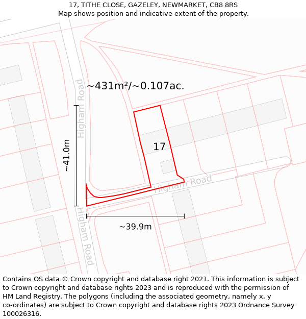 17, TITHE CLOSE, GAZELEY, NEWMARKET, CB8 8RS: Plot and title map