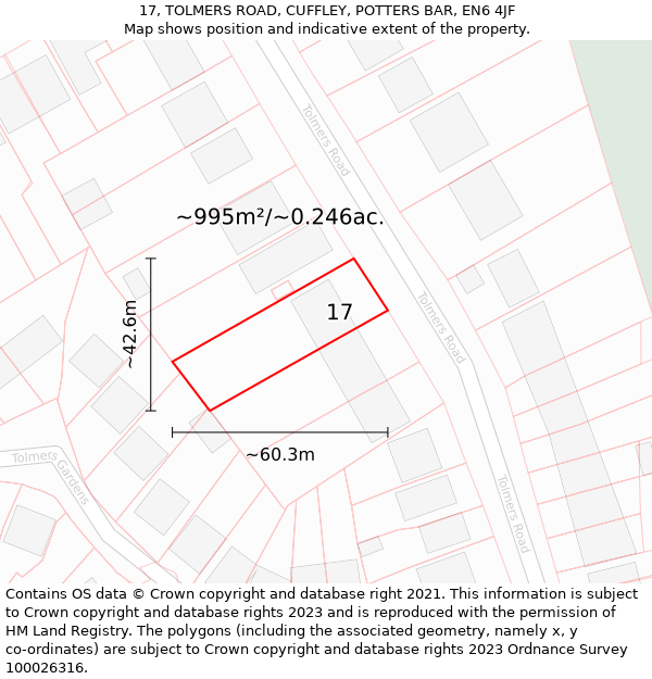 17, TOLMERS ROAD, CUFFLEY, POTTERS BAR, EN6 4JF: Plot and title map