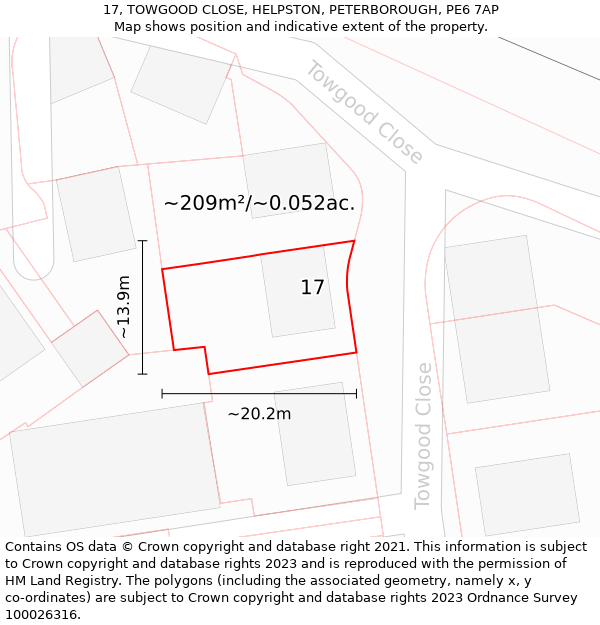 17, TOWGOOD CLOSE, HELPSTON, PETERBOROUGH, PE6 7AP: Plot and title map