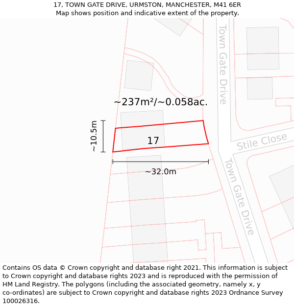 17, TOWN GATE DRIVE, URMSTON, MANCHESTER, M41 6ER: Plot and title map