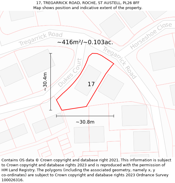 17, TREGARRICK ROAD, ROCHE, ST AUSTELL, PL26 8FF: Plot and title map