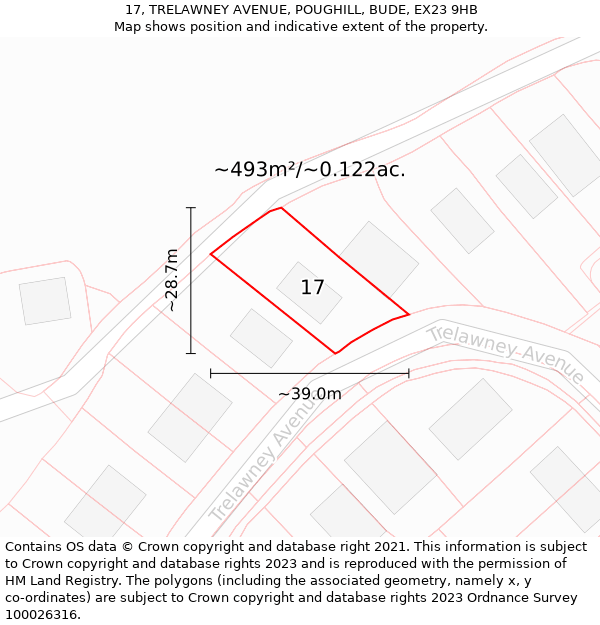 17, TRELAWNEY AVENUE, POUGHILL, BUDE, EX23 9HB: Plot and title map