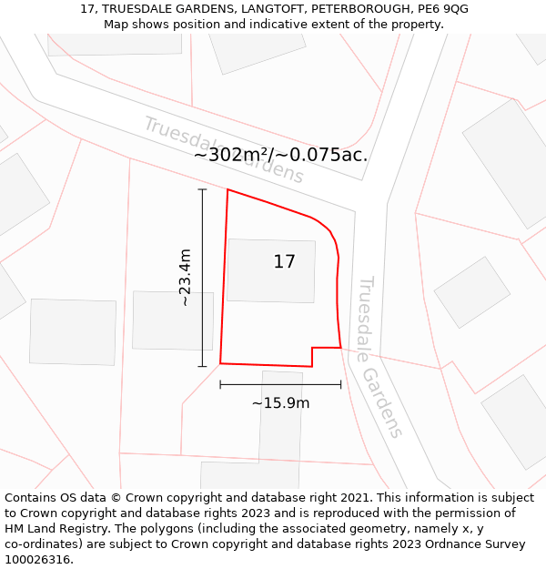 17, TRUESDALE GARDENS, LANGTOFT, PETERBOROUGH, PE6 9QG: Plot and title map