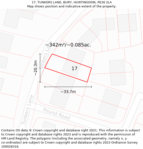 17, TUNKERS LANE, BURY, HUNTINGDON, PE26 2LA: Plot and title map