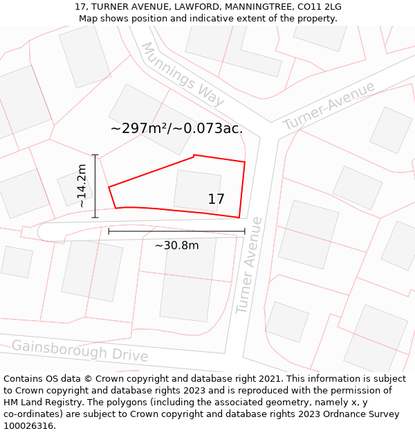 17, TURNER AVENUE, LAWFORD, MANNINGTREE, CO11 2LG: Plot and title map