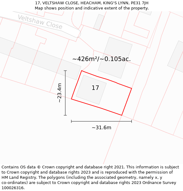 17, VELTSHAW CLOSE, HEACHAM, KING'S LYNN, PE31 7JH: Plot and title map