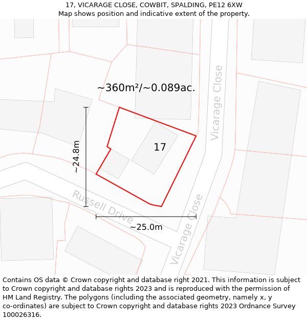 17, VICARAGE CLOSE, COWBIT, SPALDING, PE12 6XW: Plot and title map