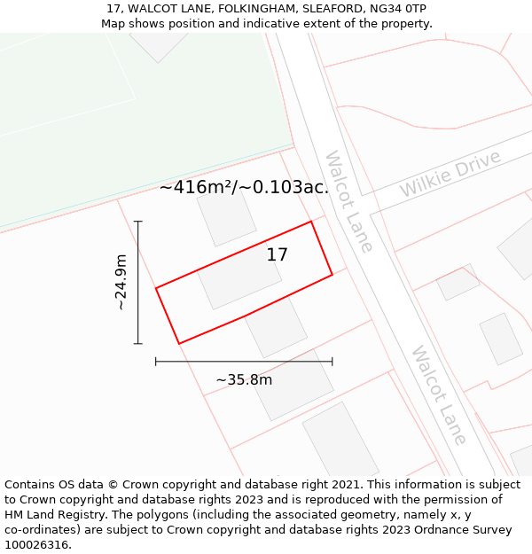 17, WALCOT LANE, FOLKINGHAM, SLEAFORD, NG34 0TP: Plot and title map