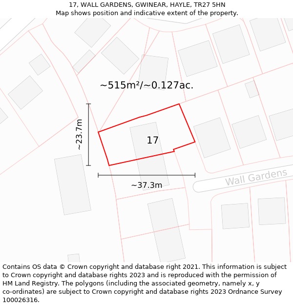 17, WALL GARDENS, GWINEAR, HAYLE, TR27 5HN: Plot and title map