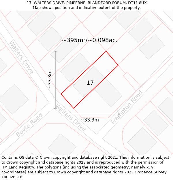 17, WALTERS DRIVE, PIMPERNE, BLANDFORD FORUM, DT11 8UX: Plot and title map