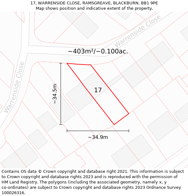 17, WARRENSIDE CLOSE, RAMSGREAVE, BLACKBURN, BB1 9PE: Plot and title map