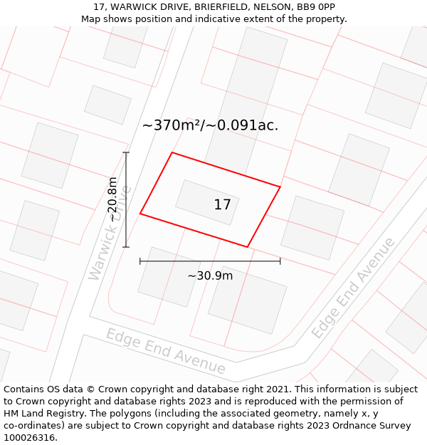 17, WARWICK DRIVE, BRIERFIELD, NELSON, BB9 0PP: Plot and title map