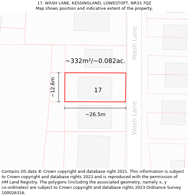 17, WASH LANE, KESSINGLAND, LOWESTOFT, NR33 7QZ: Plot and title map