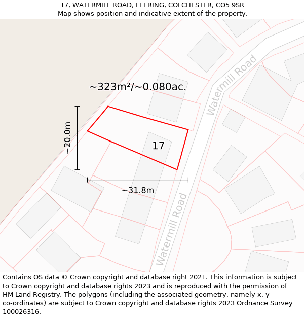 17, WATERMILL ROAD, FEERING, COLCHESTER, CO5 9SR: Plot and title map