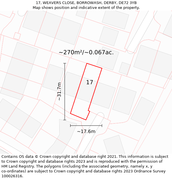 17, WEAVERS CLOSE, BORROWASH, DERBY, DE72 3YB: Plot and title map
