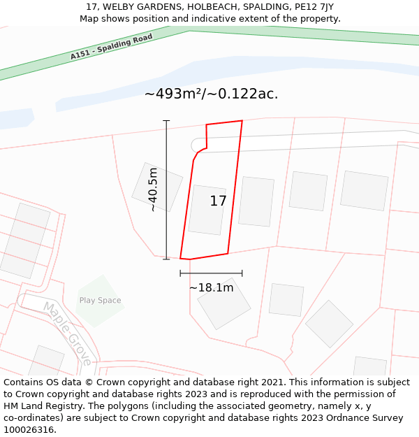 17, WELBY GARDENS, HOLBEACH, SPALDING, PE12 7JY: Plot and title map