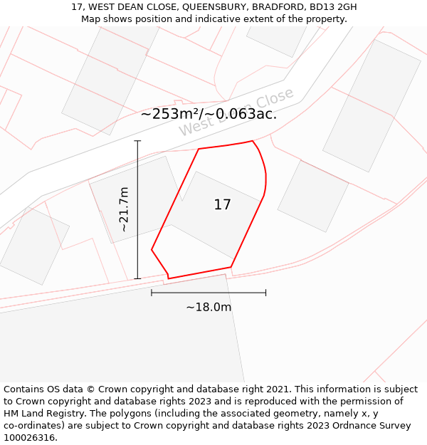 17, WEST DEAN CLOSE, QUEENSBURY, BRADFORD, BD13 2GH: Plot and title map