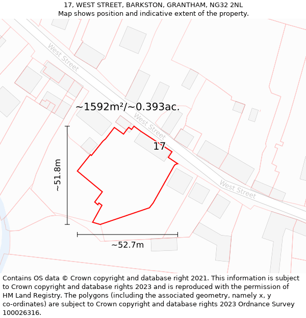 17, WEST STREET, BARKSTON, GRANTHAM, NG32 2NL: Plot and title map