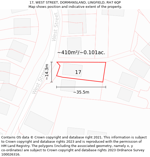 17, WEST STREET, DORMANSLAND, LINGFIELD, RH7 6QP: Plot and title map