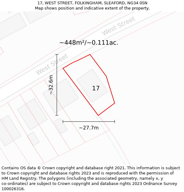 17, WEST STREET, FOLKINGHAM, SLEAFORD, NG34 0SN: Plot and title map