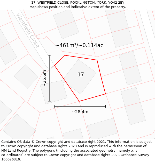 17, WESTFIELD CLOSE, POCKLINGTON, YORK, YO42 2EY: Plot and title map