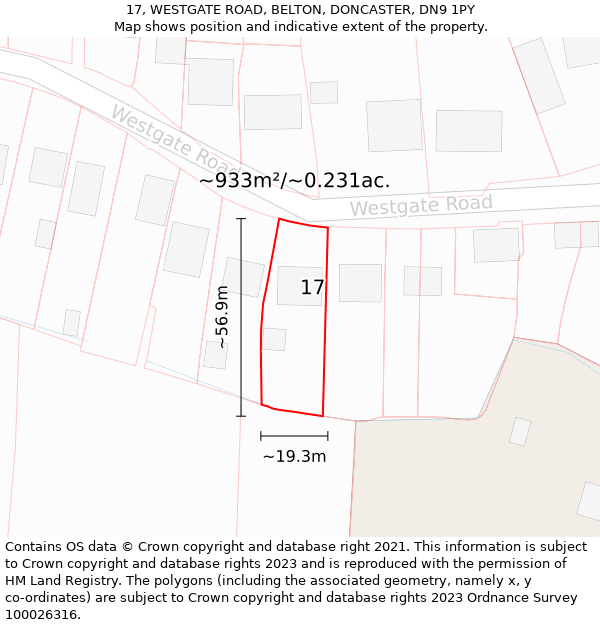 17, WESTGATE ROAD, BELTON, DONCASTER, DN9 1PY: Plot and title map