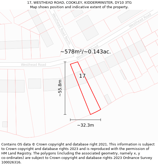 17, WESTHEAD ROAD, COOKLEY, KIDDERMINSTER, DY10 3TG: Plot and title map