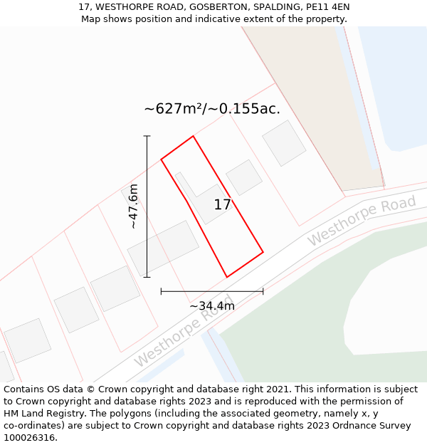 17, WESTHORPE ROAD, GOSBERTON, SPALDING, PE11 4EN: Plot and title map