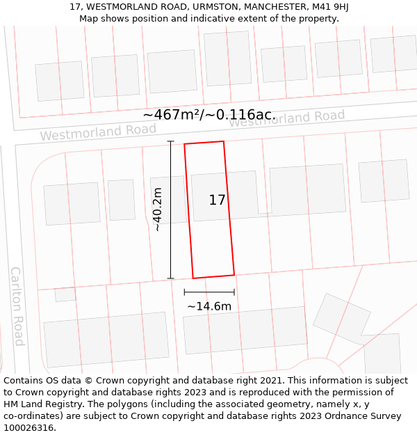 17, WESTMORLAND ROAD, URMSTON, MANCHESTER, M41 9HJ: Plot and title map